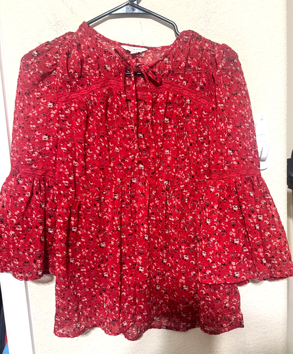 Lucky Brand Red Floral Blouse babydoll Prairie fairy Peasant boho‎ top sz XS